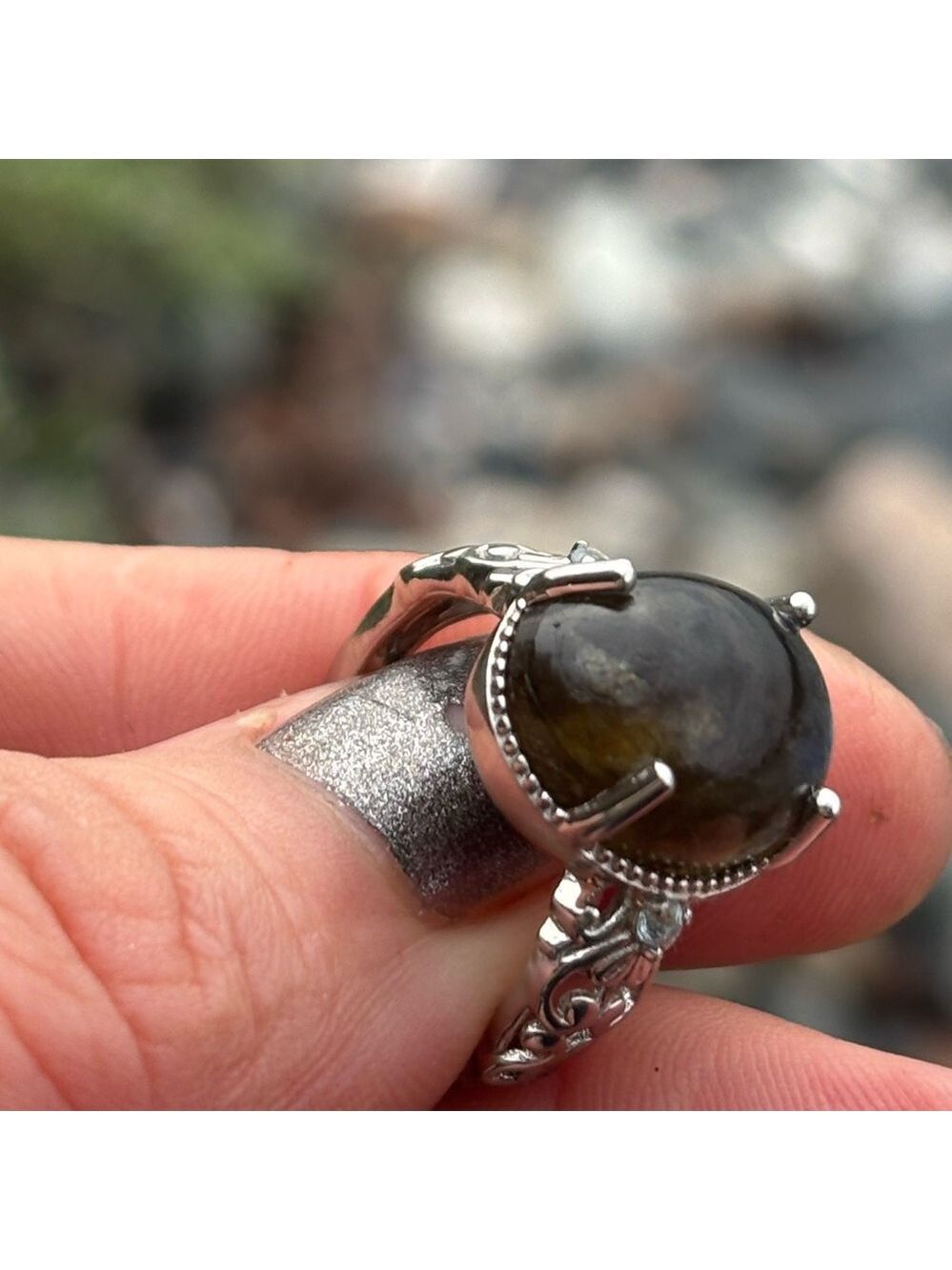 Blue Flash Labradorite Ring • Platinum-Plated • Genuine Topaz • Size 7 (Karis) - Picture 10 of 14